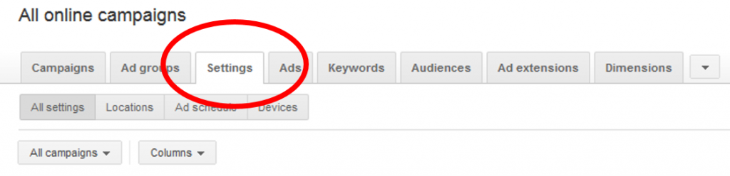 Settings Tab In Adwords Interface