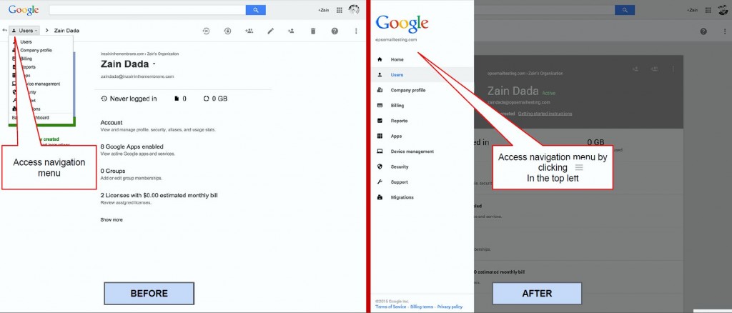 Google - admin console - before and after navigation